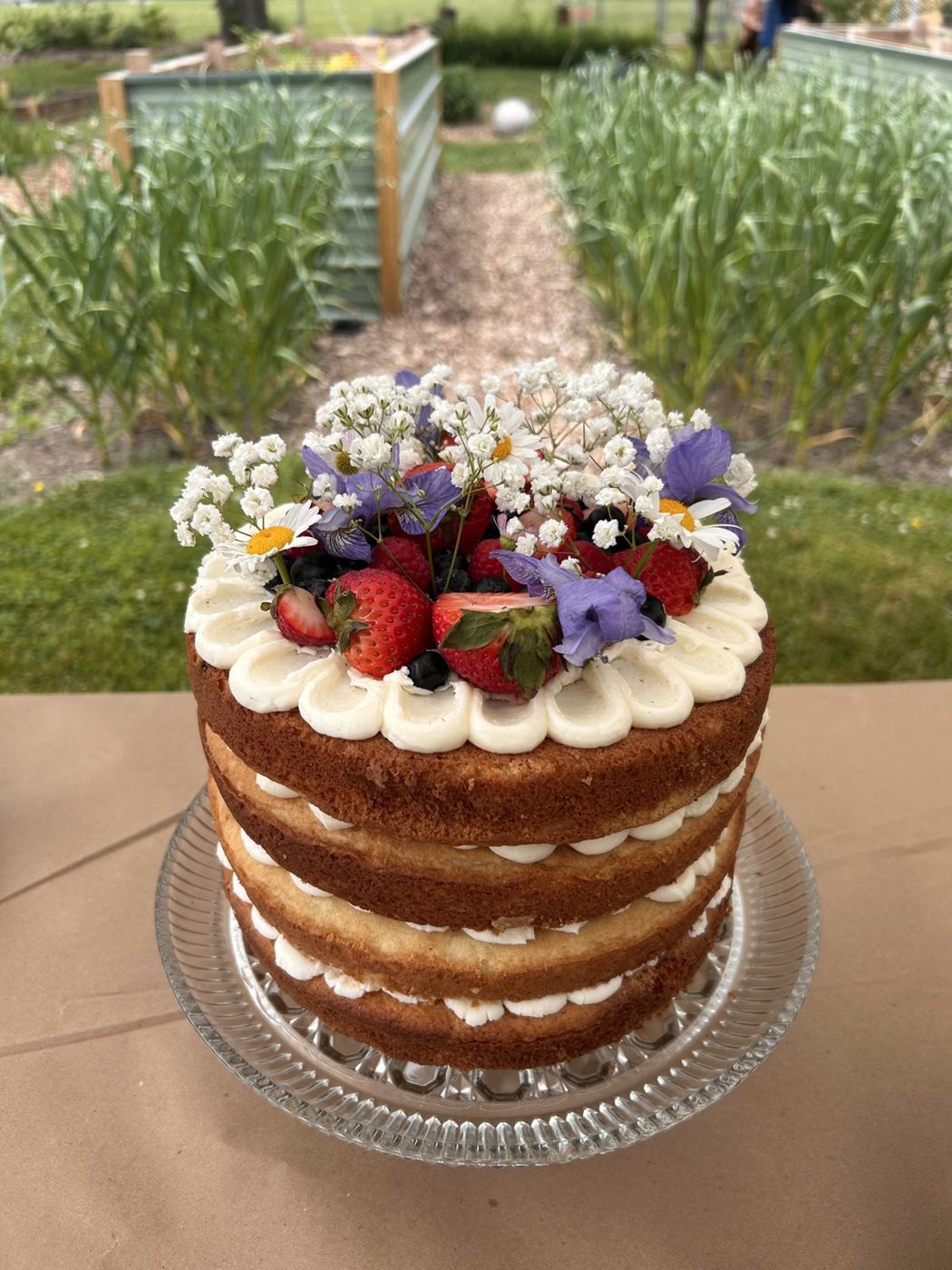 Layered naked cake topped with strawberries, blueberries, and fresh flowers