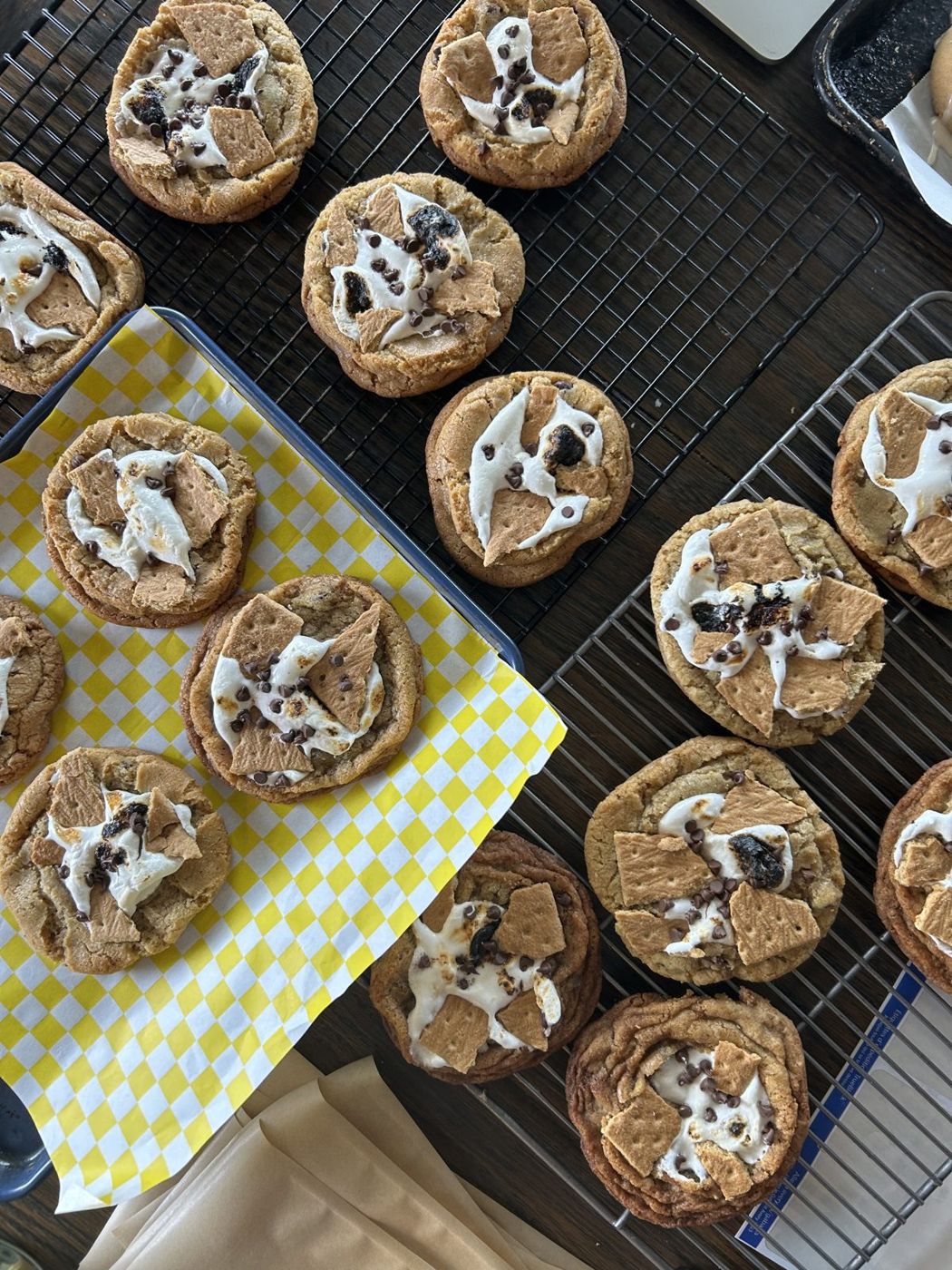 S'mores cookies cooling on a rack